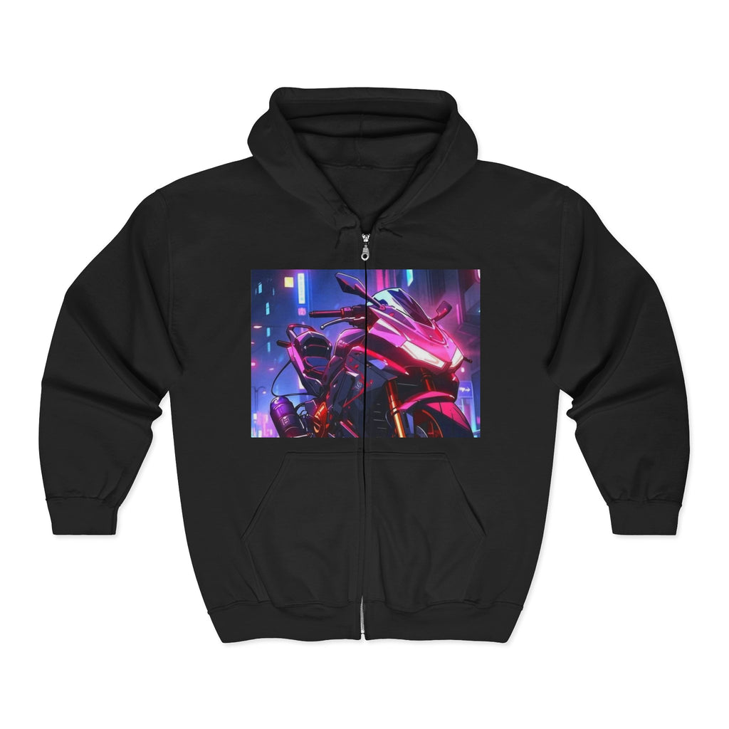 Cyberpunk Motorcycle Hoodie — Neon Rider Full-Zip Sweatshirt