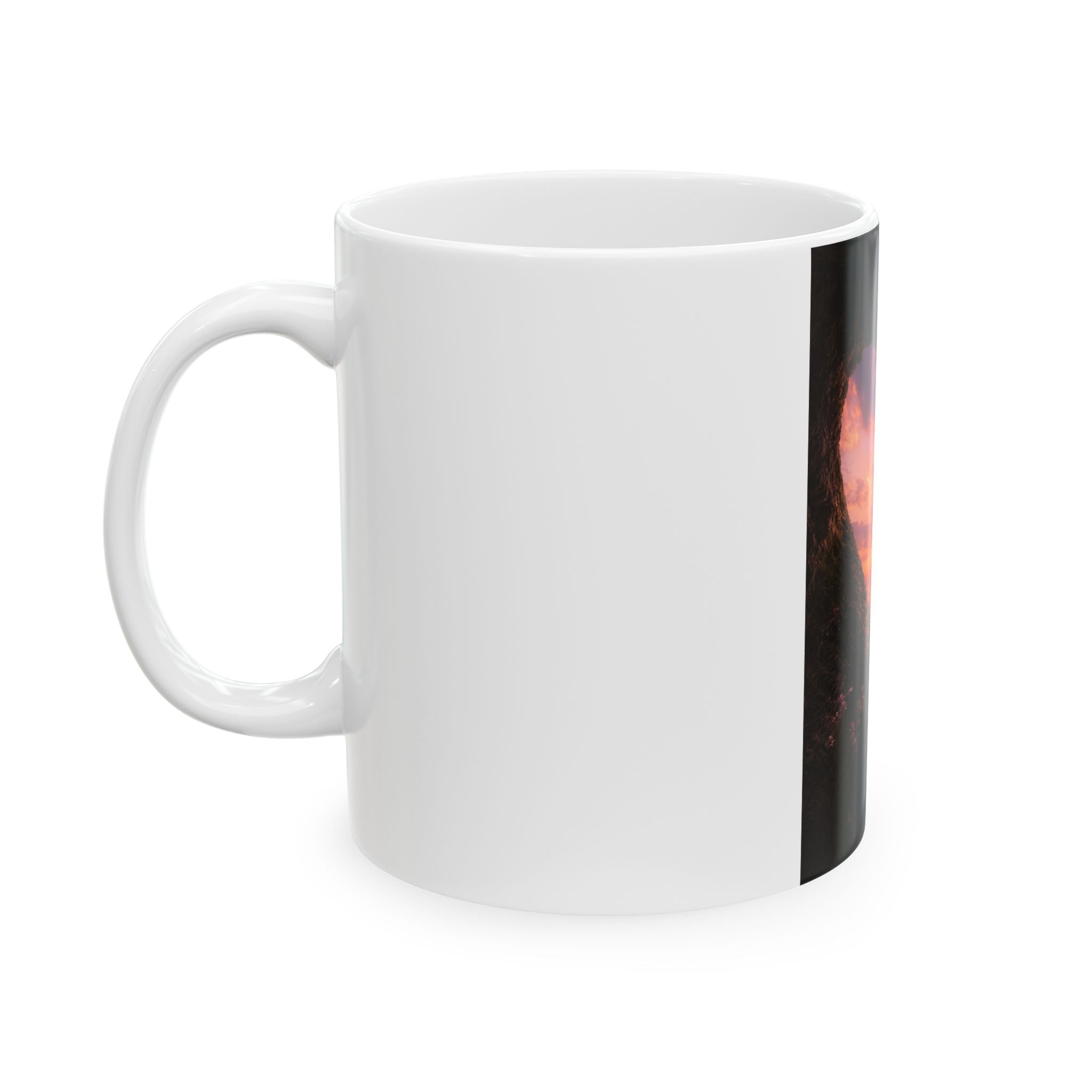 Sunset Heart Cave Ceramic Mug — Romantic Beach Sunrise Coffee Cup