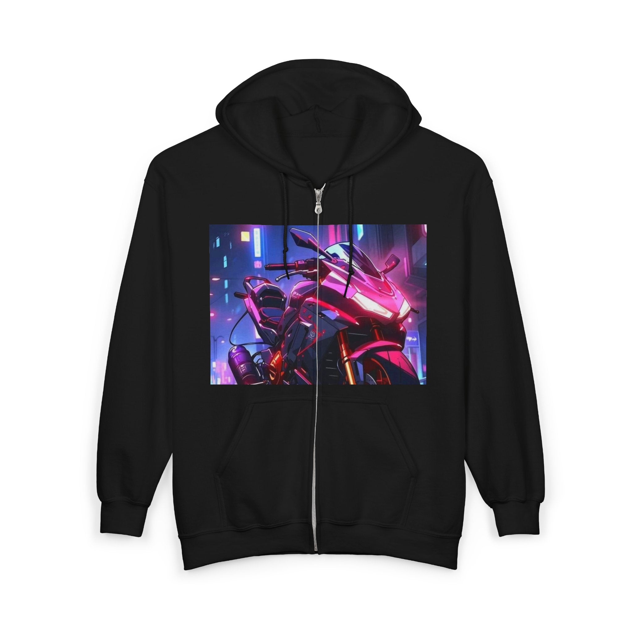 Cyberpunk Motorcycle Hoodie — Neon Rider Full-Zip Sweatshirt