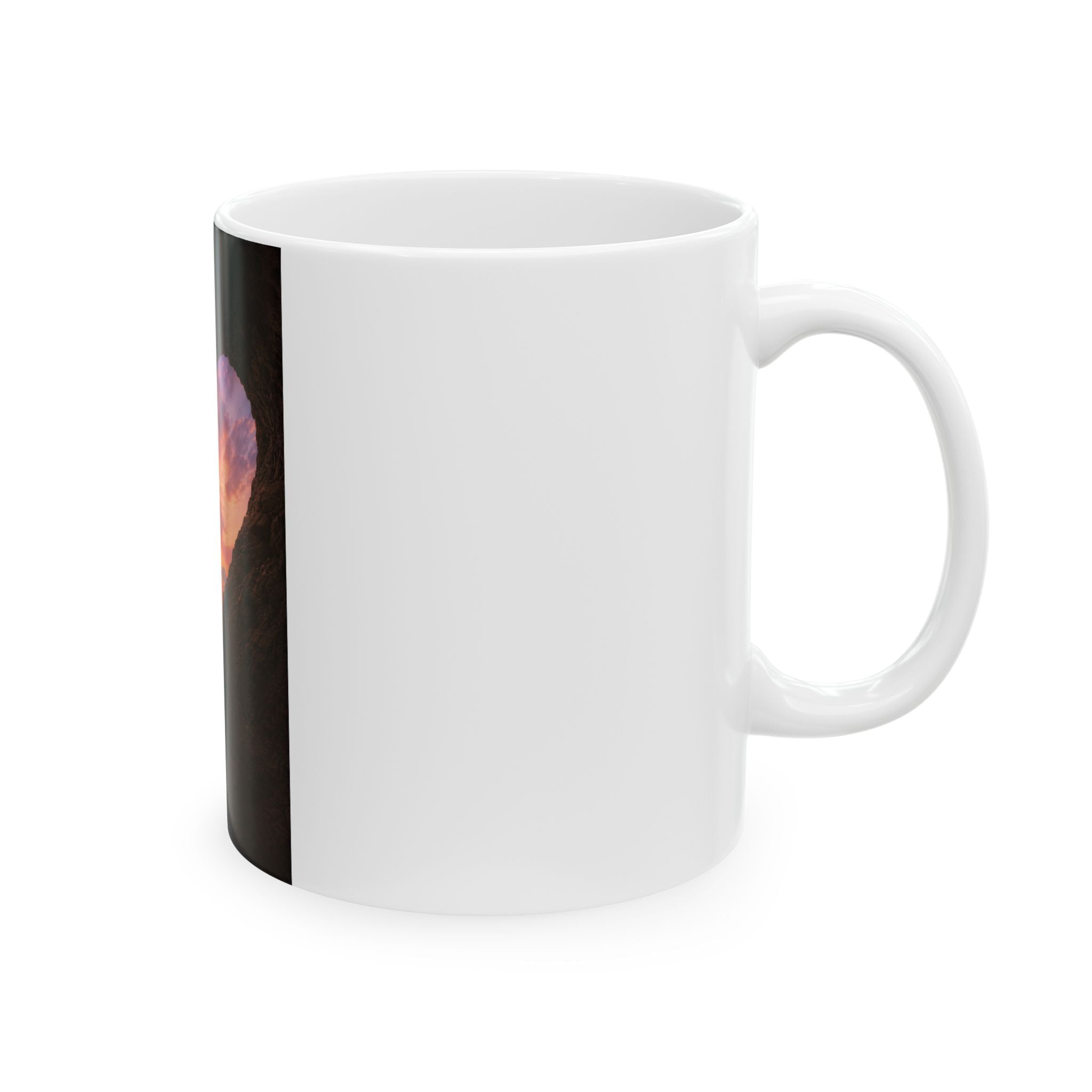 Sunset Heart Cave Ceramic Mug — Romantic Beach Sunrise Coffee Cup