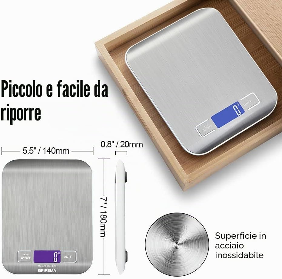 GRIFEMA GA2002 Bilancia da Cucina Digitale 5kg LCD Tare | Precisione 1 g, 6 Unità di Misura, Spegnimento Automatico, Batterie Incluse