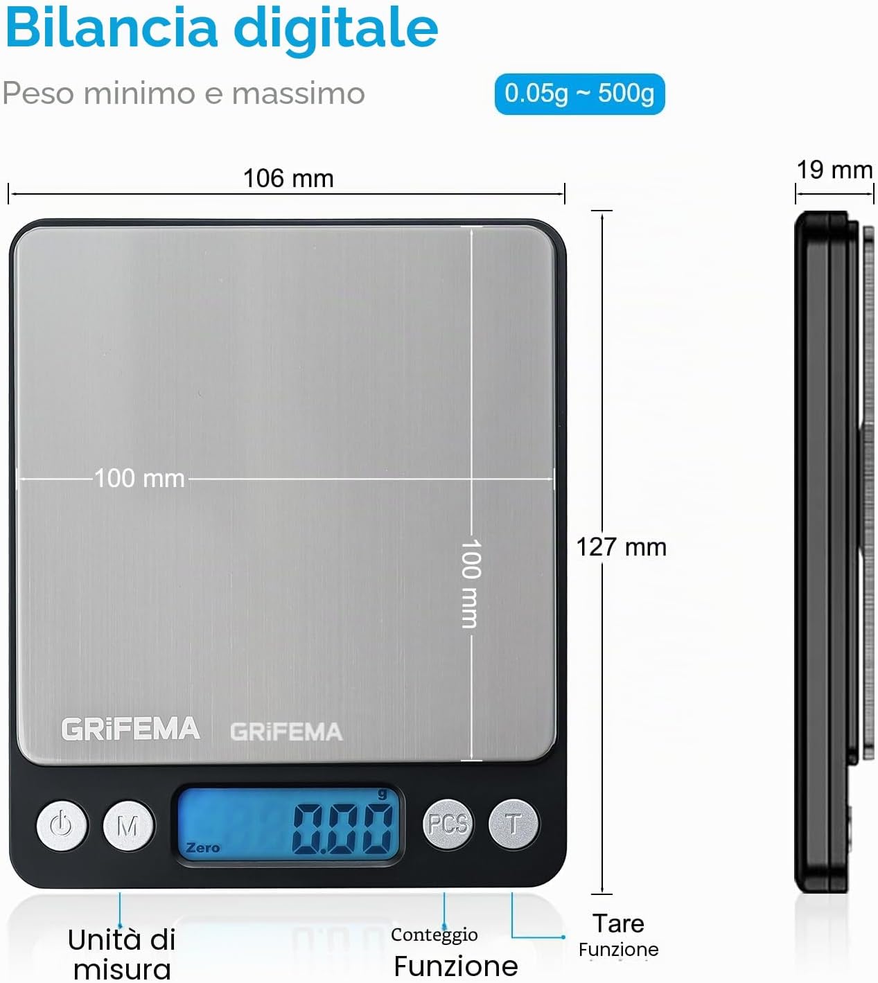 GRIFEMA GA2002 Bilancia da Cucina Digitale 5kg LCD Tare | Precisione 1 g, 6 Unità di Misura, Spegnimento Automatico, Batterie Incluse