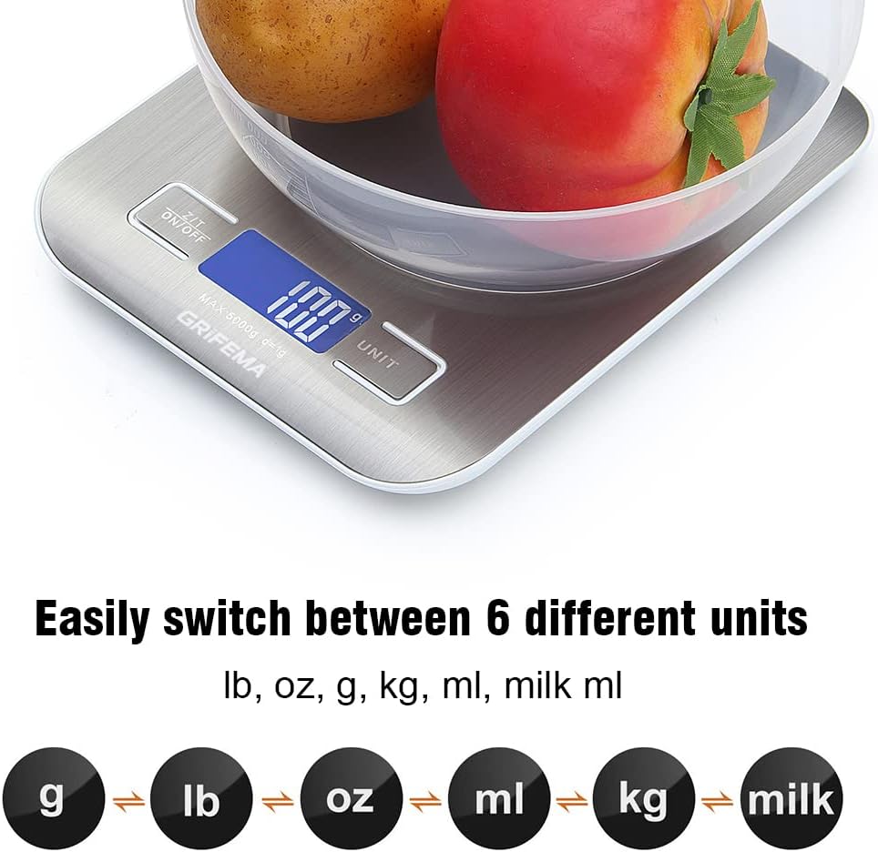GRIFEMA GA2002 Bilancia da Cucina Digitale 5kg LCD Tare | Precisione 1 g, 6 Unità di Misura, Spegnimento Automatico, Batterie Incluse