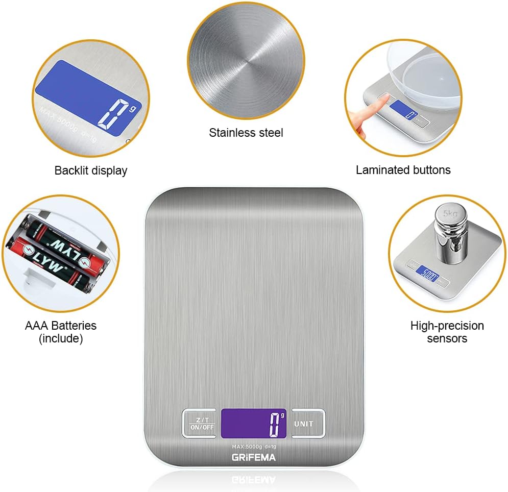 GRIFEMA GA2002 Bilancia da Cucina Digitale 5kg LCD Tare | Precisione 1 g, 6 Unità di Misura, Spegnimento Automatico, Batterie Incluse