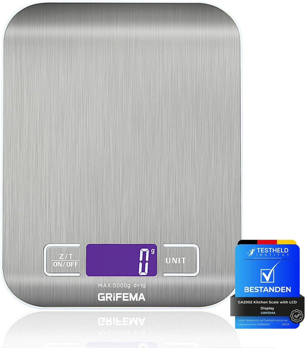 GRIFEMA GA2002 Bilancia da Cucina Digitale 5kg LCD Tare | Precisione 1 g, 6 Unità di Misura, Spegnimento Automatico, Batterie Incluse