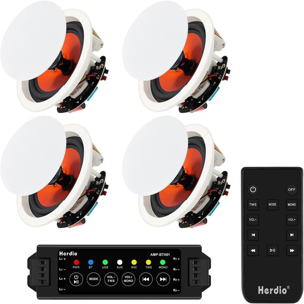 Herdio 6.5 pollici 4PCS 600Watt Altoparlanti da soffitto Sistema di altoparlanti domestici da incasso perfetto per, cucina, camera da letto, bagno, patio coperto