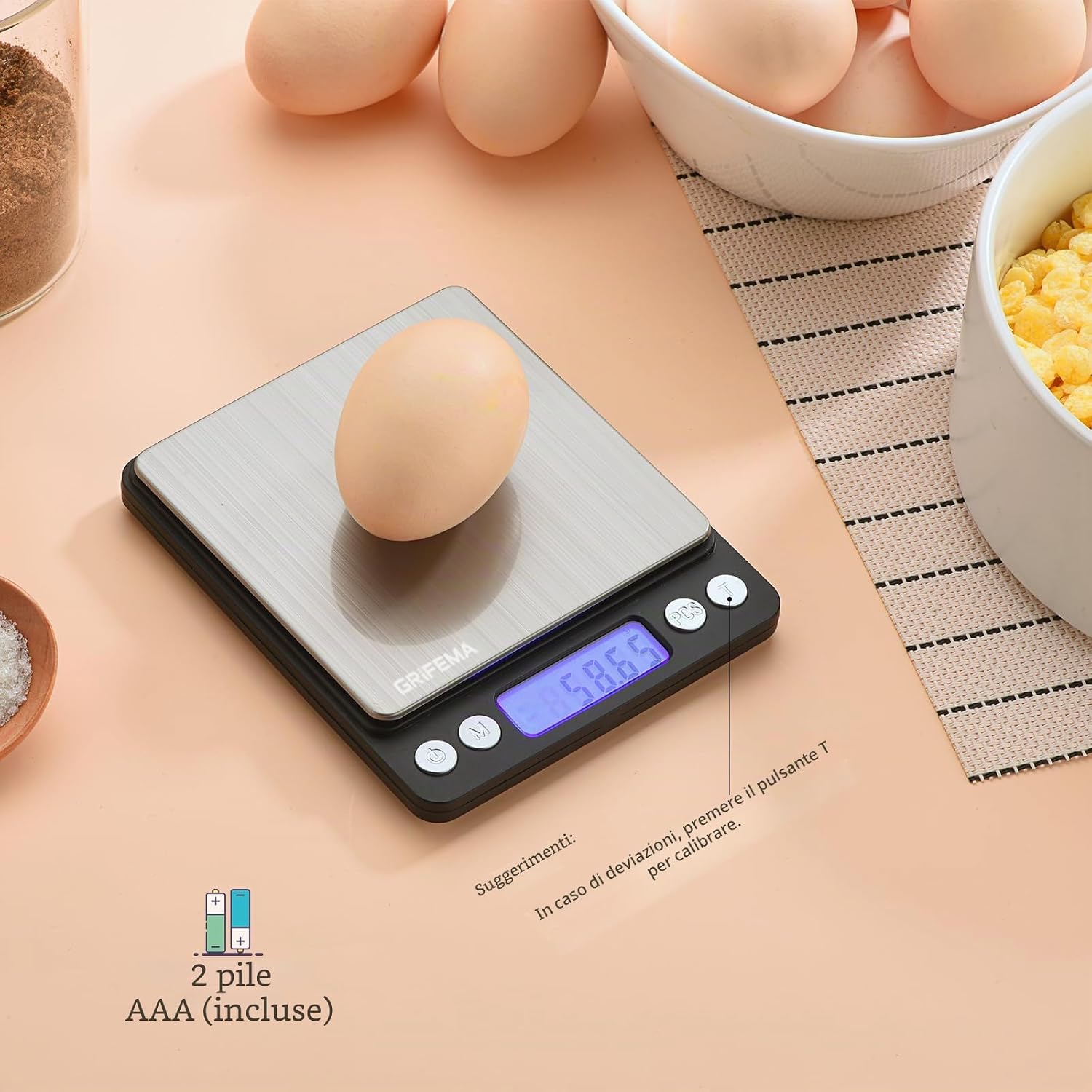 GRIFEMA GA2002 Bilancia da Cucina Digitale 5kg LCD Tare | Precisione 1 g, 6 Unità di Misura, Spegnimento Automatico, Batterie Incluse