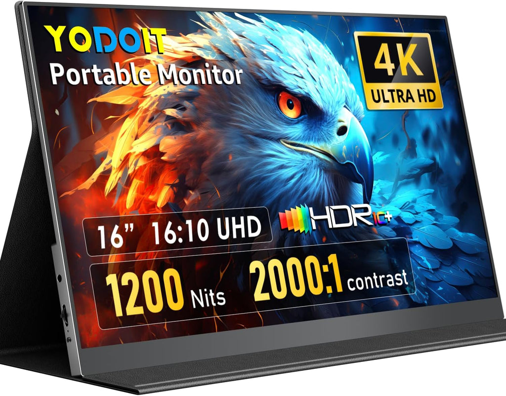 Yodoit Monitor portatile 16" 4K 3840 x 2400 UHD 1200 Nits schermo con Smart Cover, display IPS con tipo C, Mini-HDMI, altoparlanti integrati, compatibile con PC, laptop, MacBook, PS3/4/5
