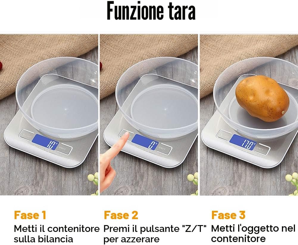 GRIFEMA GA2002 Bilancia da Cucina Digitale 5kg LCD Tare | Precisione 1 g, 6 Unità di Misura, Spegnimento Automatico, Batterie Incluse
