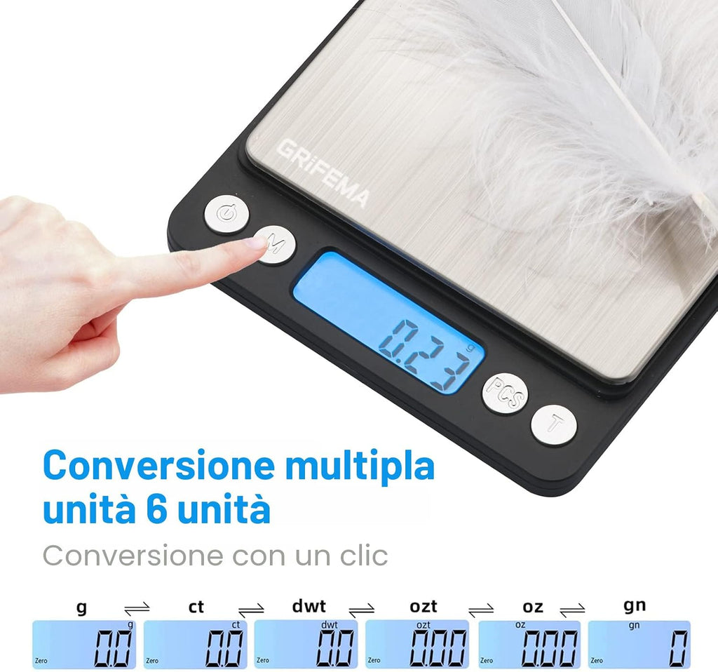 GRIFEMA GA2002 Bilancia da Cucina Digitale 5kg LCD Tare | Precisione 1 g, 6 Unità di Misura, Spegnimento Automatico, Batterie Incluse