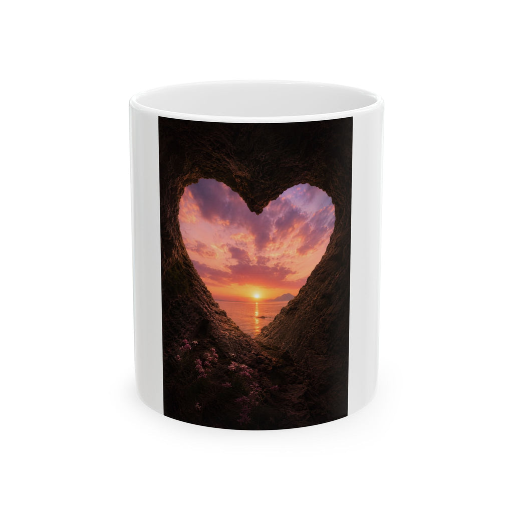 Sunset Heart Cave Ceramic Mug — Romantic Beach Sunrise Coffee Cup