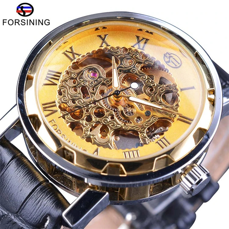 FORSINING GMT1043 Mechanical Skeleton Watch Men Fashion Casual Watch Hand Wind Dynamic Clocks Leather Bracelet Mens Wristwatches