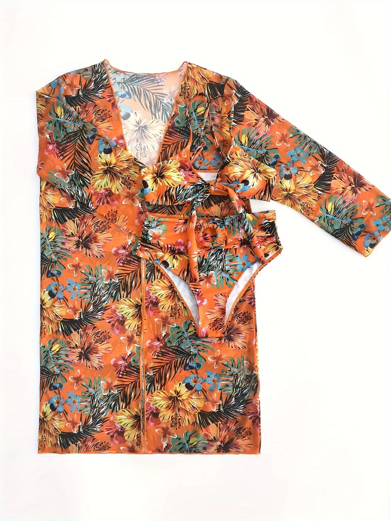 New Long-Sleeve Swimsuit Cover-Up, Three-Piece Set, Printed Sexy Swimwear for Women, New Bikini Style