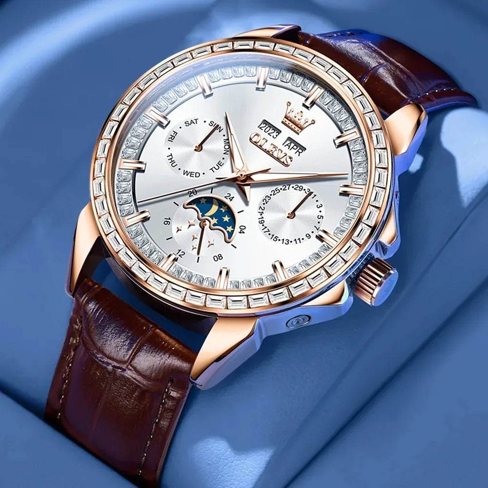 OLEVS 6695 Top New Luxury Men's Watch Full Diamond Multifunctional Dial Leather Strap Calendar Week Moon Phase Waterproof Clock