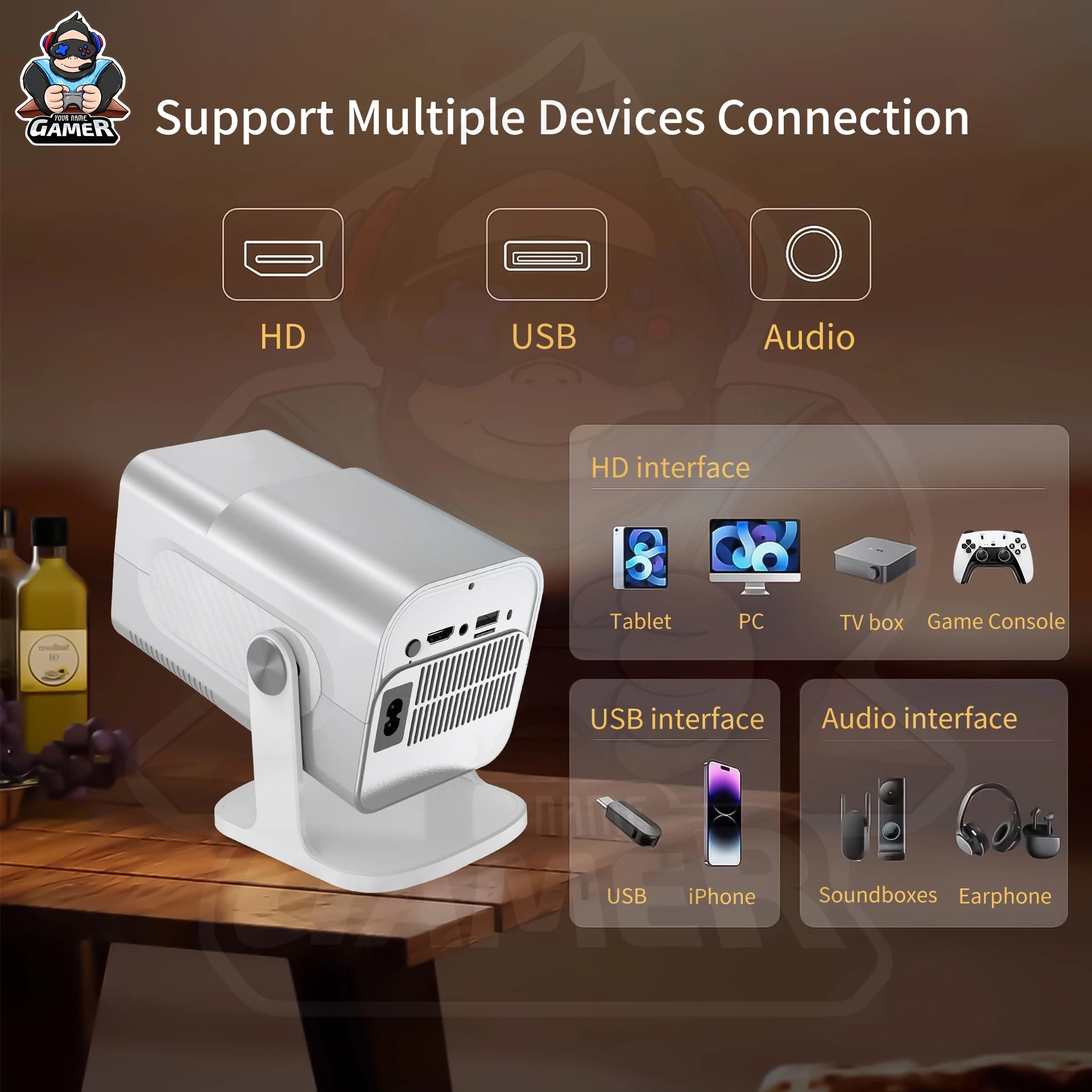 High Dynamic HCS350 MAX  HD Smart Game Projector with 2 Joy Sticks Controller Indoor Outdoor 1080P Wifi Gaming Projector