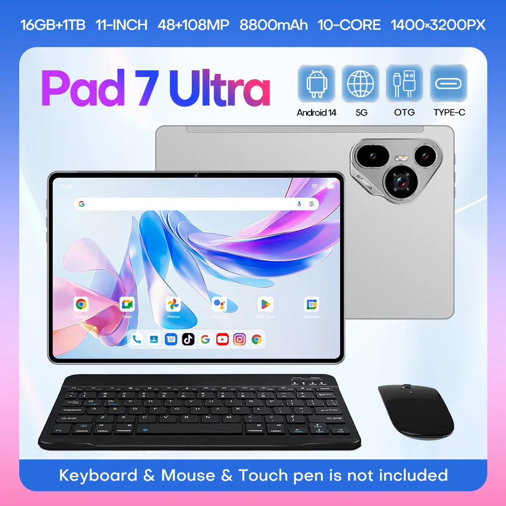 11 Inch New Pad 7 Ultra Tablet PC MTK Octa Core Processor 16GB+1TB Android14 4G+3G+GSM Network 1400*3200 Capacitive Screen