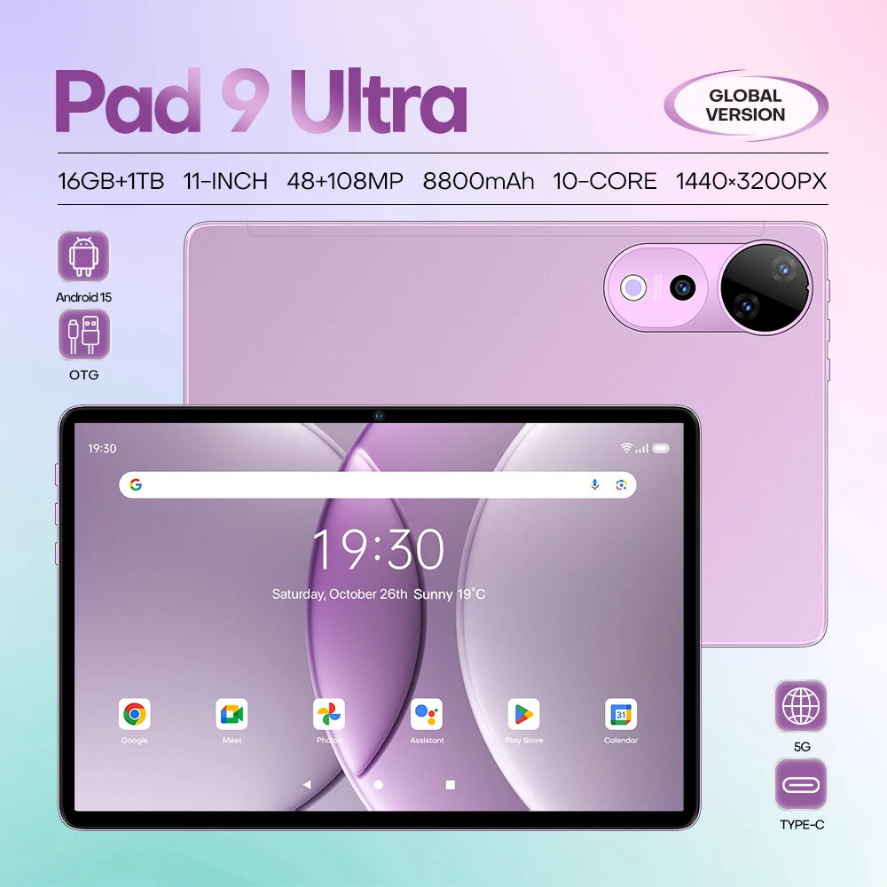 11-Inch 9 Ultra Pad for Business Entertainment Android 15 Tablet PC 4G 5G Octa Processor 16GB+1TB HD Display Resolution Global
