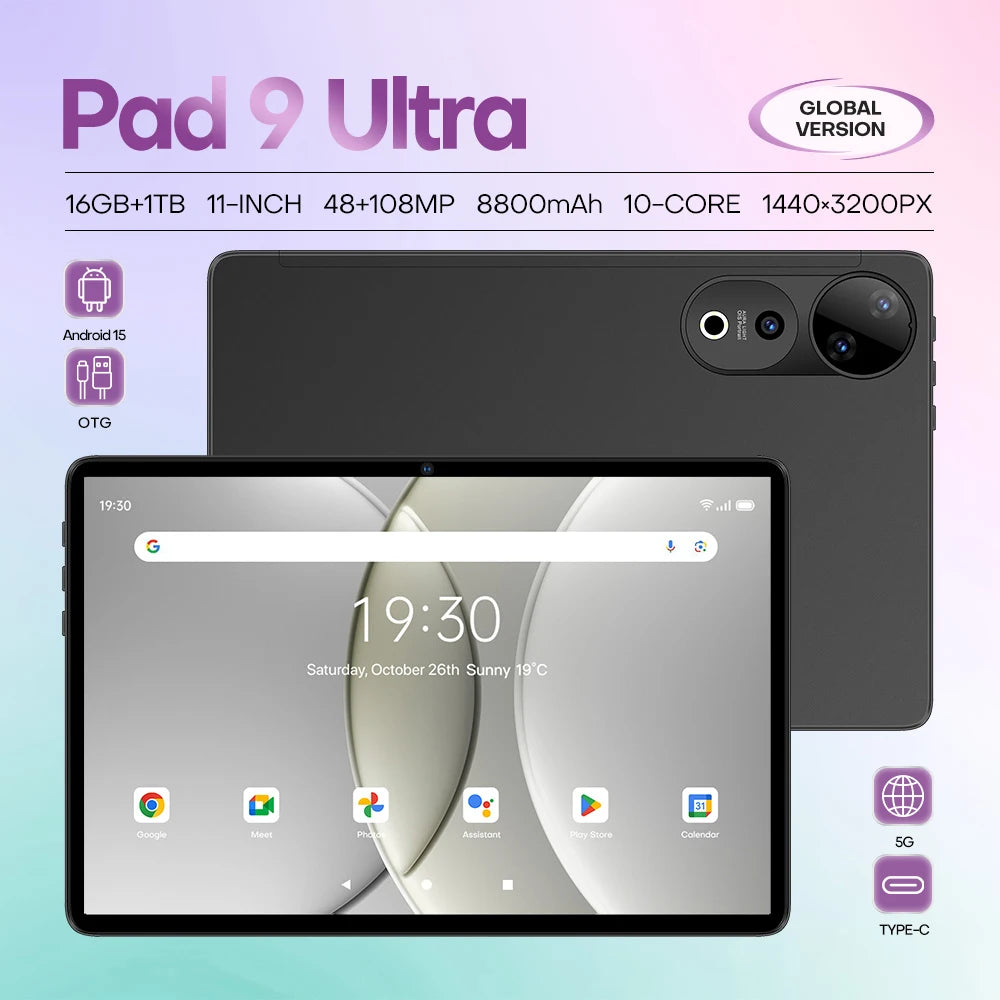11-Inch 9 Ultra Pad for Business Entertainment Android 15 Tablet PC 4G 5G Octa Processor 16GB+1TB HD Display Resolution Global