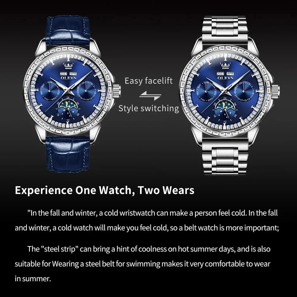 OLEVS 6695 Top New Luxury Men's Watch Full Diamond Multifunctional Dial Leather Strap Calendar Week Moon Phase Waterproof Clock