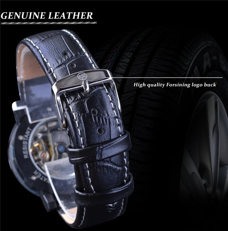 FORSINING GMT1043 Mechanical Skeleton Watch Men Fashion Casual Watch Hand Wind Dynamic Clocks Leather Bracelet Mens Wristwatches