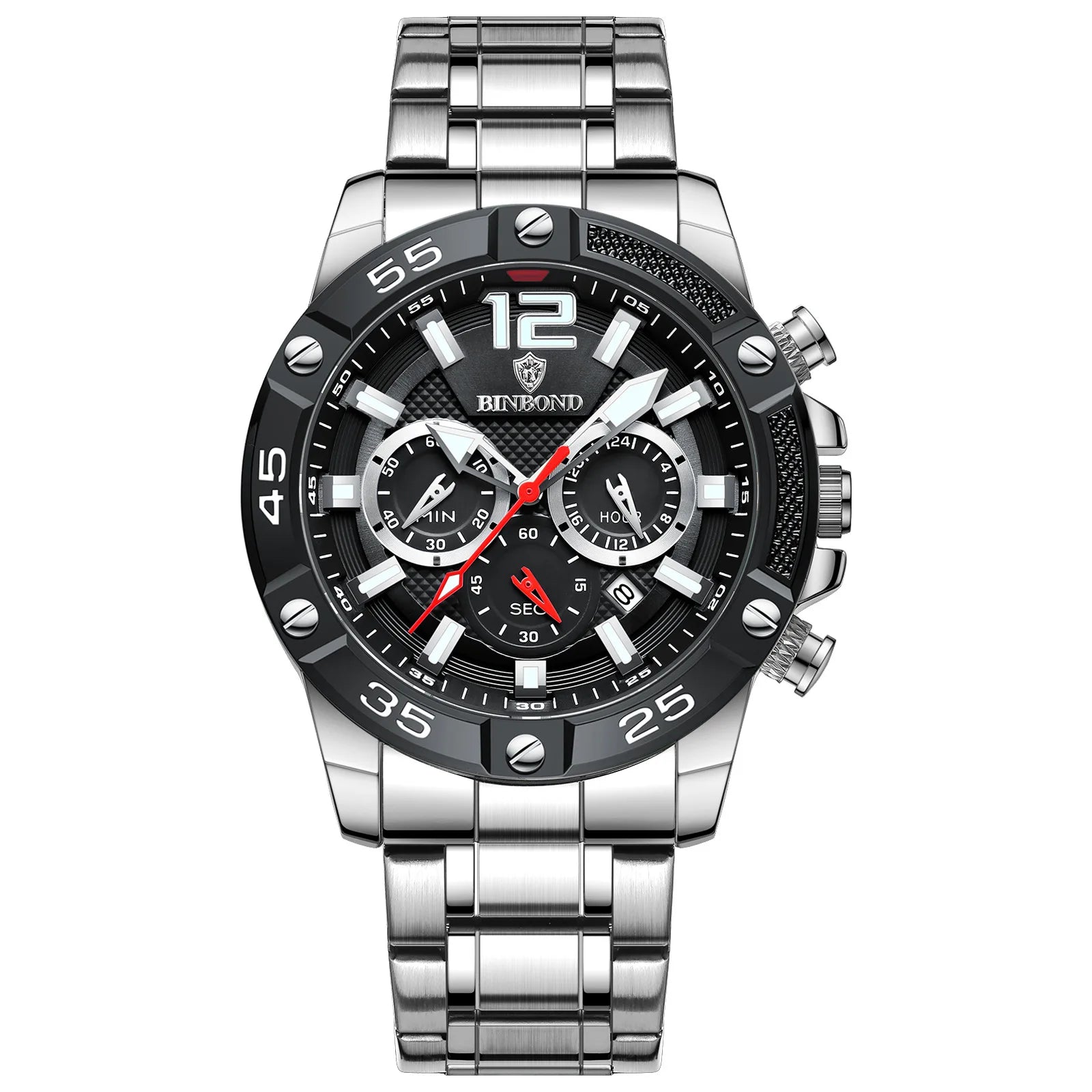 Binbond B9798 9798 3ATM Waterproof High Quality Quartz Movement Stainless Men's Silicone Strap Watch Date Luminous Hands Watches