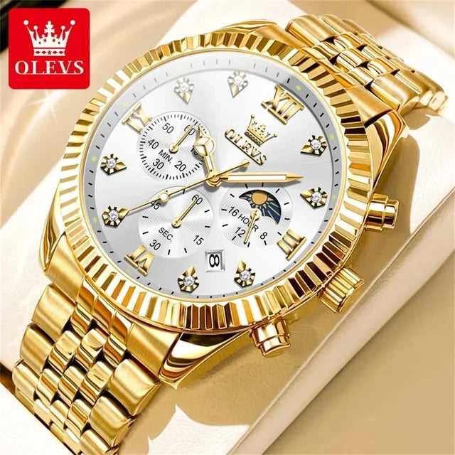 OLEVS 2932 Men's Fashion Full Gold Timing Second Display Auto Date Calendar 30M Life Waterproof Luminous Hands Watch Watches