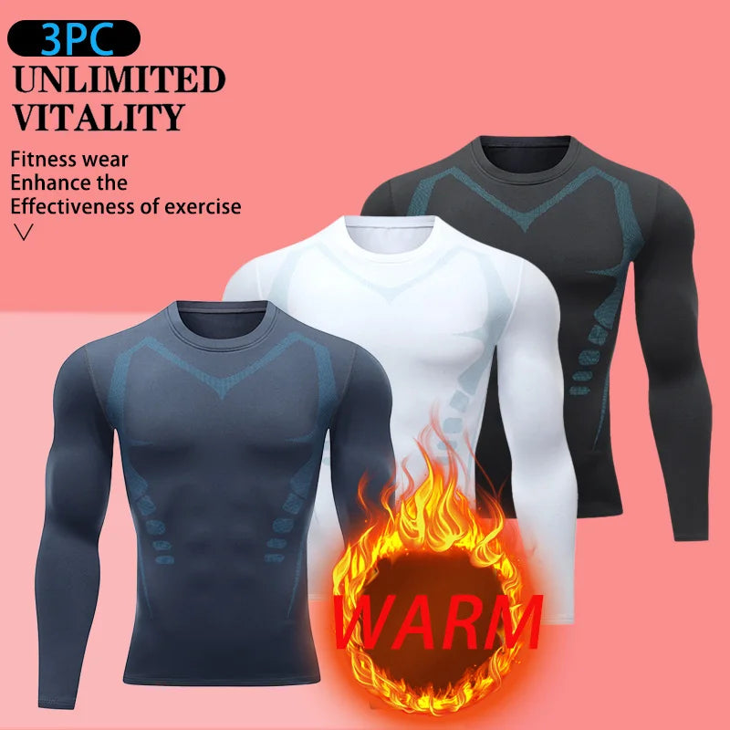 USA Warehouse 3 Pack Men's Thermal Compression Shirt Fleece Lined Long Sleeve Athletic Base Layer Cold Weather Gear Workout Top