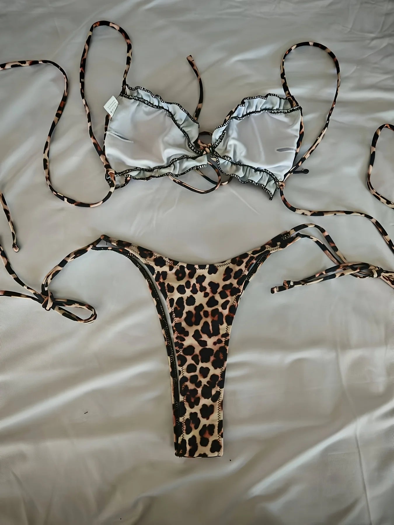 New Style 2pcs Swimsuit with Separate Straps, Leopard Print, Pleated Edges, and Sexy Tummy Control