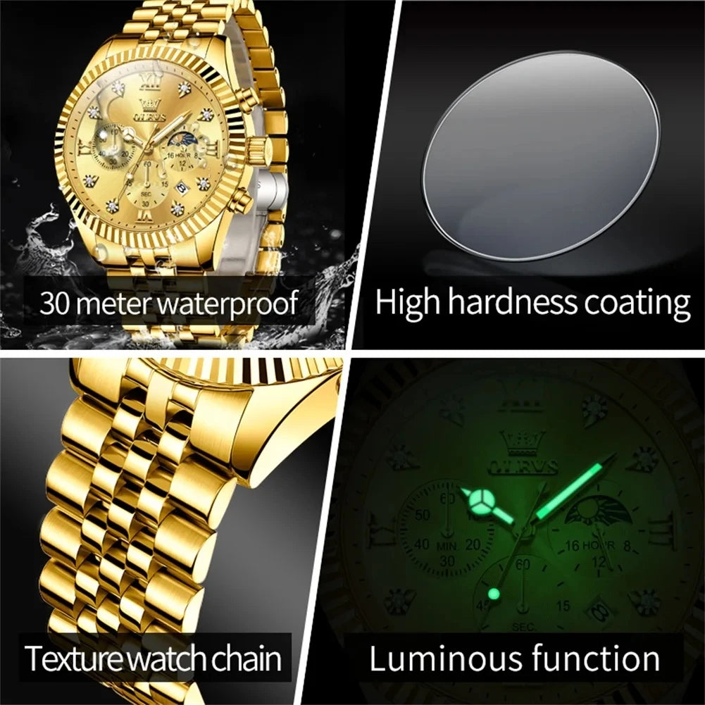 OLEVS 2932 Men's Fashion Full Gold Timing Second Display Auto Date Calendar 30M Life Waterproof Luminous Hands Watch Watches