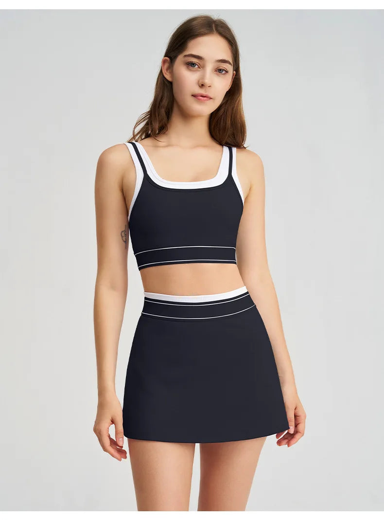 Women's 2-piece Tennis Set, Sports Bra, Tennis Skirt, Built-in Shorts, Breathable, Quick-drying, Suitable for Yoga and Gyms.