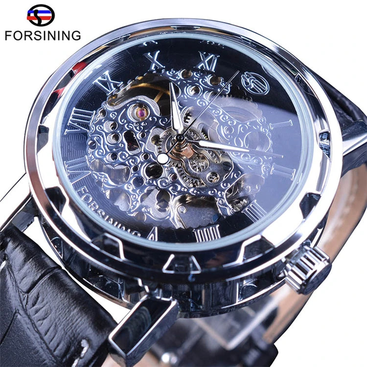 FORSINING GMT1043 Mechanical Skeleton Watch Men Fashion Casual Watch Hand Wind Dynamic Clocks Leather Bracelet Mens Wristwatches