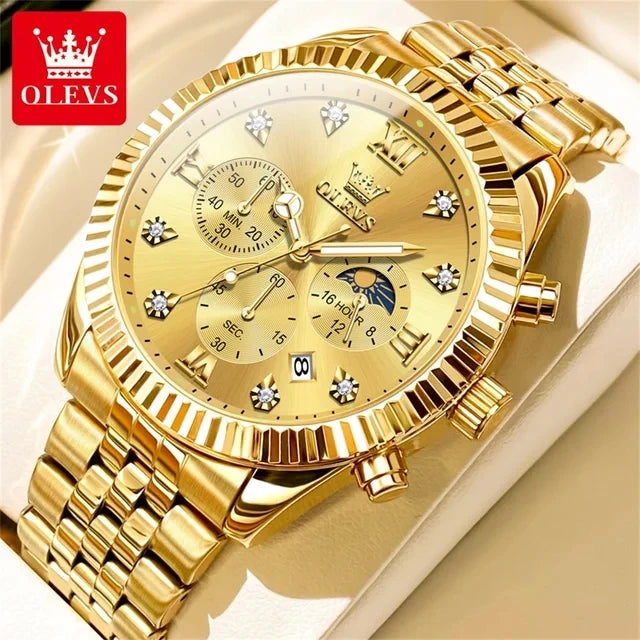 OLEVS 2932 Men's Fashion Full Gold Timing Second Display Auto Date Calendar 30M Life Waterproof Luminous Hands Watch Watches