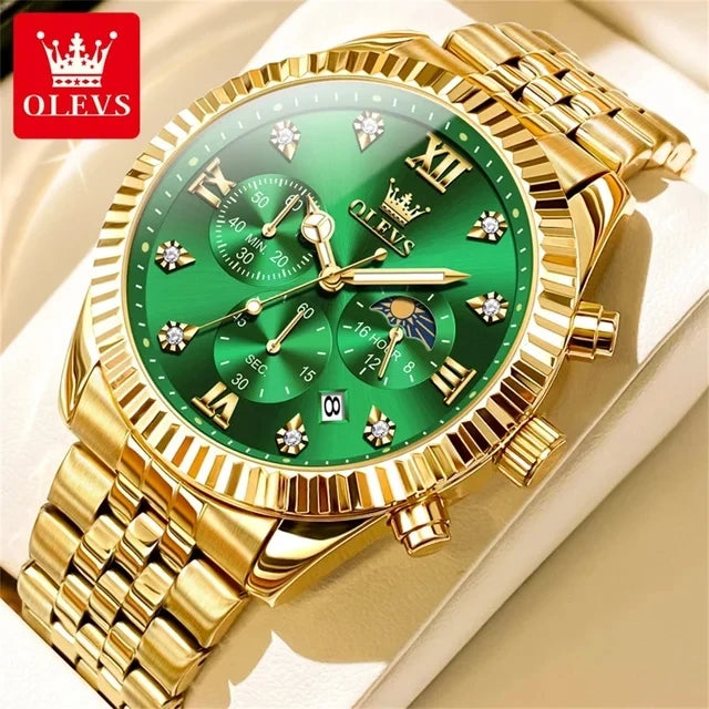 OLEVS 2932 Men's Fashion Full Gold Timing Second Display Auto Date Calendar 30M Life Waterproof Luminous Hands Watch Watches