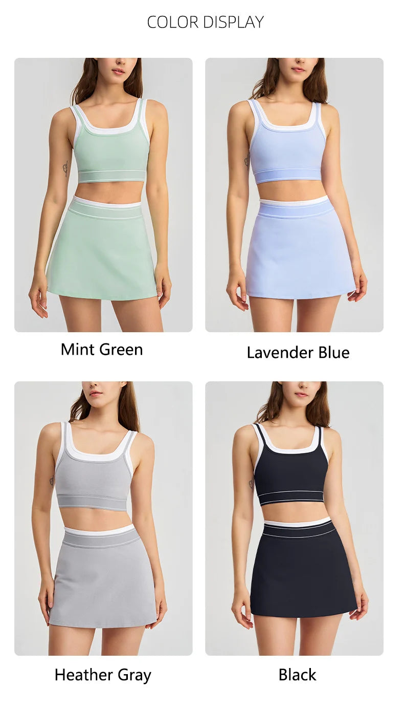 Women's 2-piece Tennis Set, Sports Bra, Tennis Skirt, Built-in Shorts, Breathable, Quick-drying, Suitable for Yoga and Gyms.