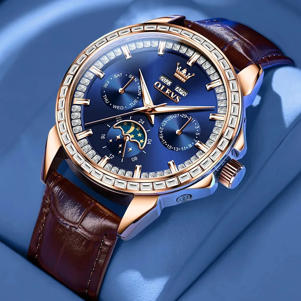 OLEVS 6695 Top New Luxury Men's Watch Full Diamond Multifunctional Dial Leather Strap Calendar Week Moon Phase Waterproof Clock