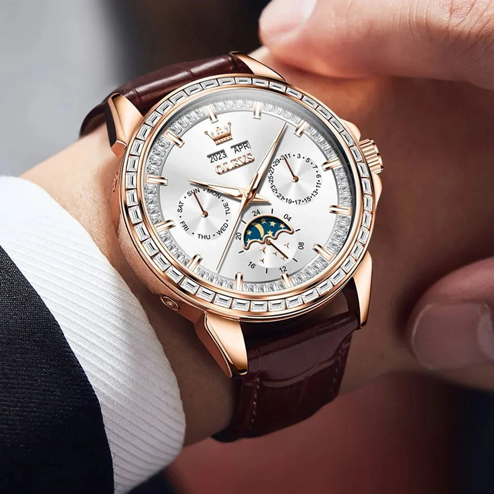 OLEVS 6695 Top New Luxury Men's Watch Full Diamond Multifunctional Dial Leather Strap Calendar Week Moon Phase Waterproof Clock