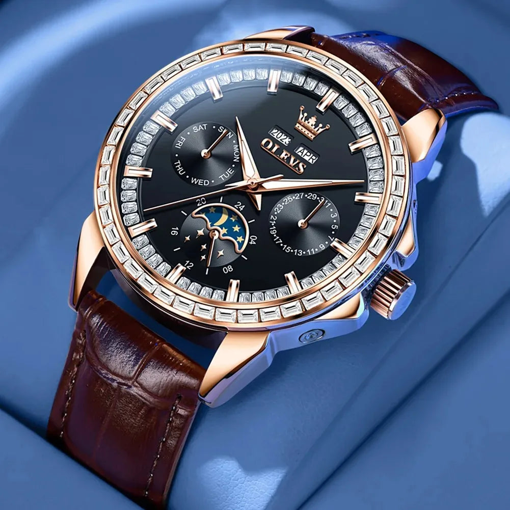 OLEVS 6695 Top New Luxury Men's Watch Full Diamond Multifunctional Dial Leather Strap Calendar Week Moon Phase Waterproof Clock