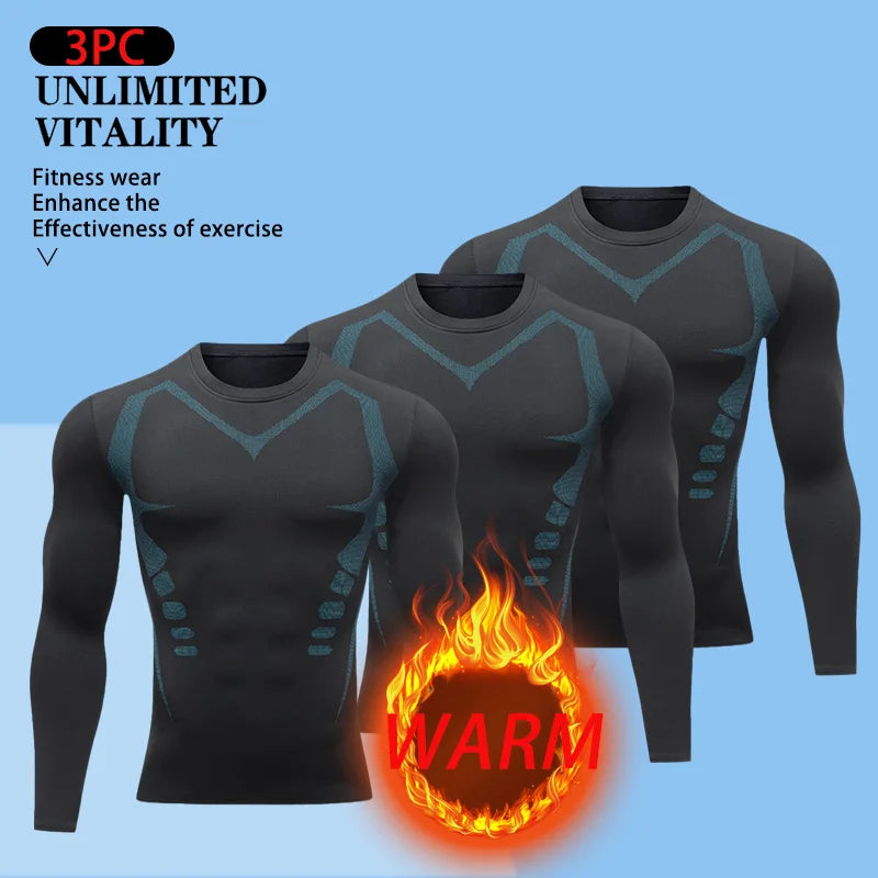 USA Warehouse 3 Pack Men's Thermal Compression Shirt Fleece Lined Long Sleeve Athletic Base Layer Cold Weather Gear Workout Top