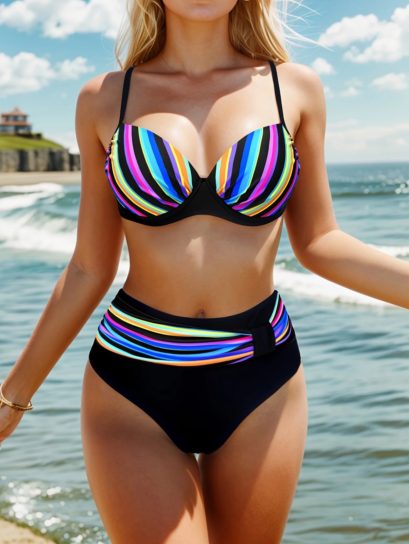 Striped Print Multicolor Bikini Swimsuit Women'S Two-Piece Set Easy Fashion Swimwear Hot Item