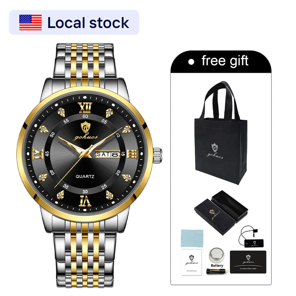 US Local Stock Gohuos 8806 Luxury Stainless Steel Quartz Watch for Men Business Style Waterproof Luminous Fashion Men's Watches