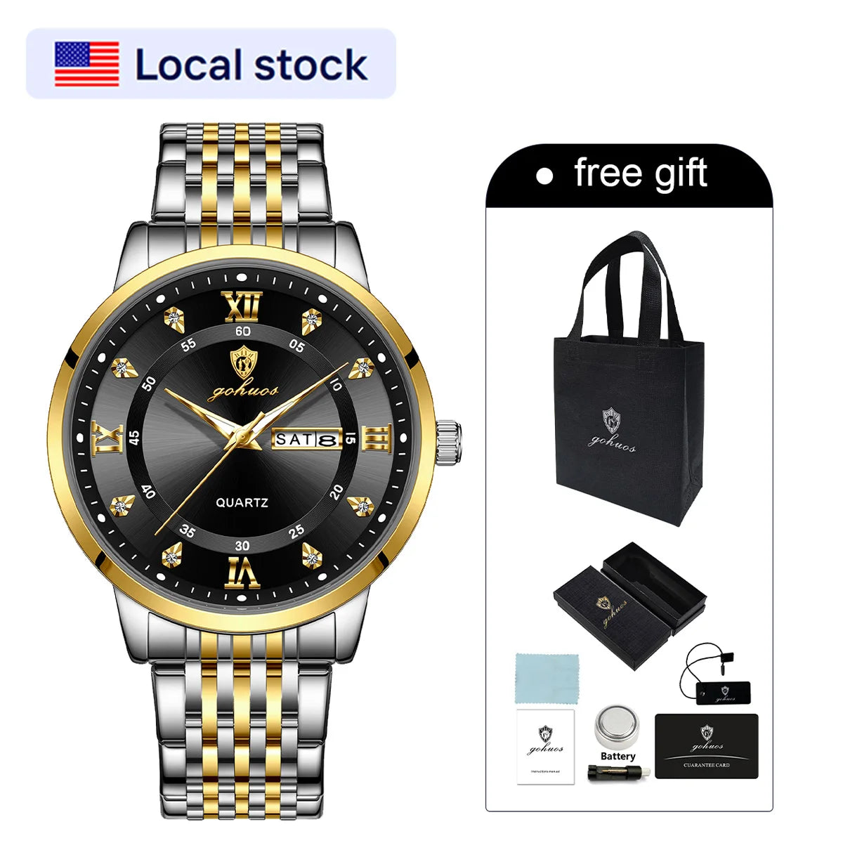 US Local Stock Gohuos 8806 Luxury Stainless Steel Quartz Watch for Men Business Style Waterproof Luminous Fashion Men's Watches