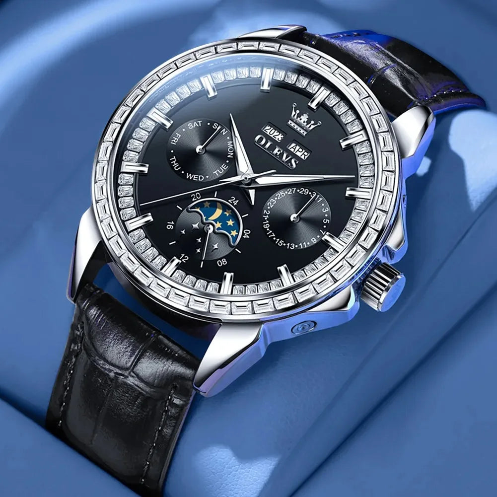 OLEVS 6695 Top New Luxury Men's Watch Full Diamond Multifunctional Dial Leather Strap Calendar Week Moon Phase Waterproof Clock