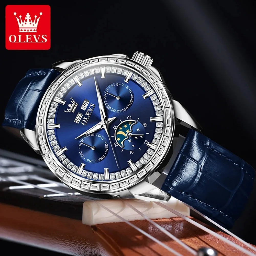 OLEVS 6695 Top New Luxury Men's Watch Full Diamond Multifunctional Dial Leather Strap Calendar Week Moon Phase Waterproof Clock