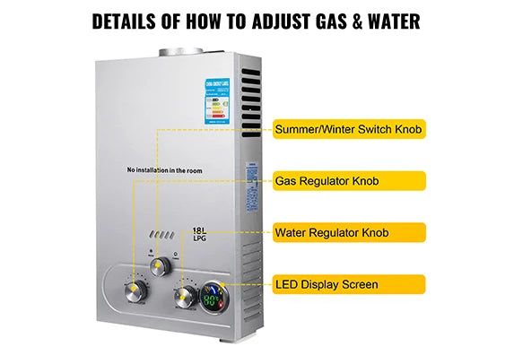 PEIXU 16L Natural Gas Tankless Hot Water Heater 36KW Shower Head Kit for Hotel Household Outdoor Use Wall-Mounted 18L/min Output