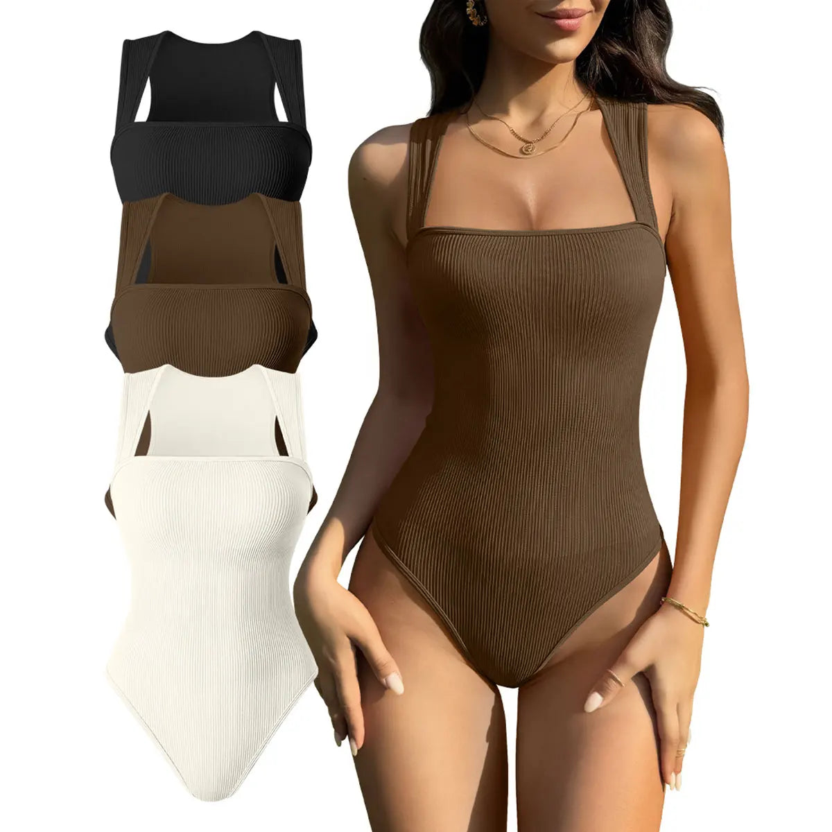 Hot Sale Sleeveless Square Neck Wide Shoulder Strap Seamless Women's Fitness Bodysuits