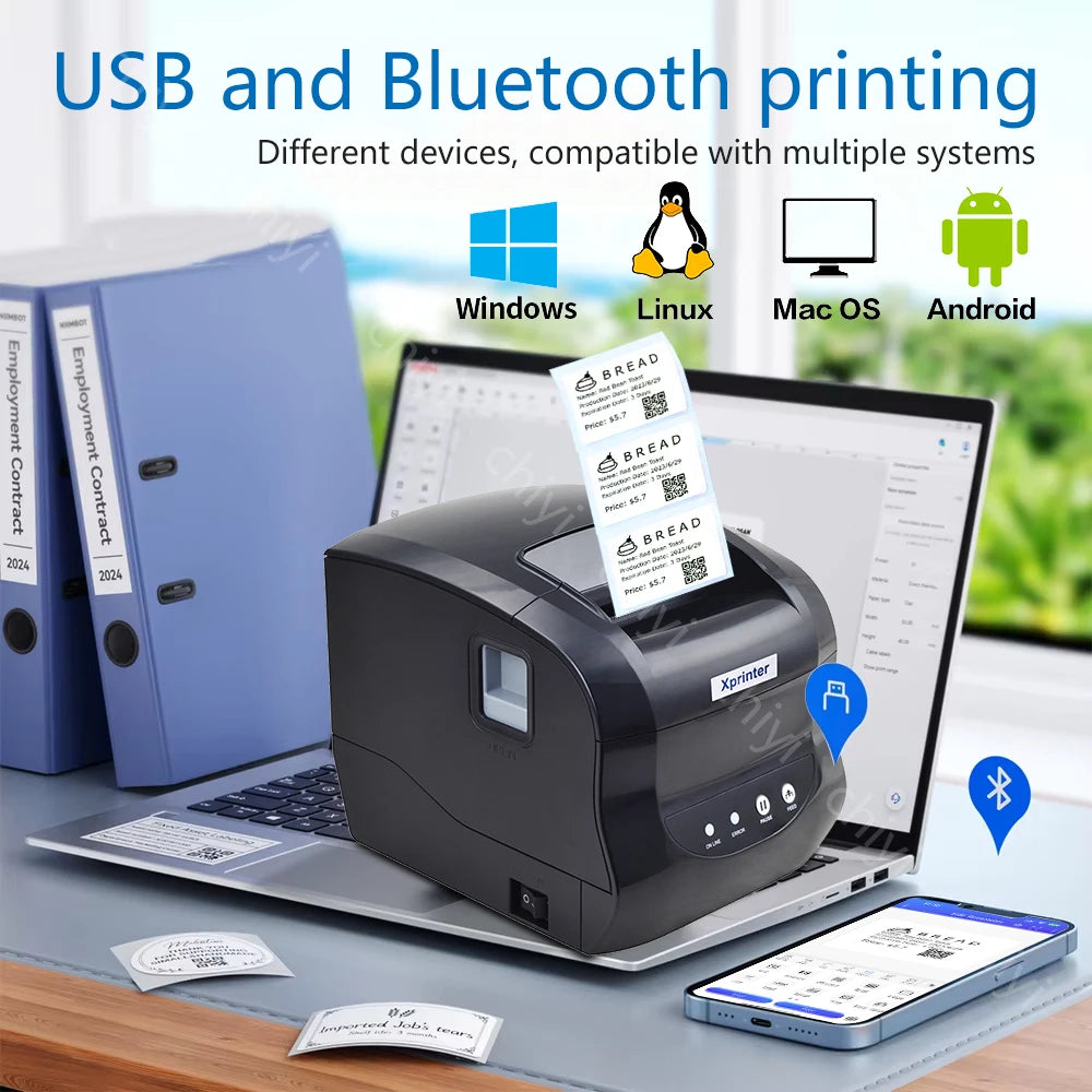 XP-365B Thermal Label Printer 20-80mm Print Range Supports Android Windows 203dpi for Waybill Barcode Sticker Receipt ROHS