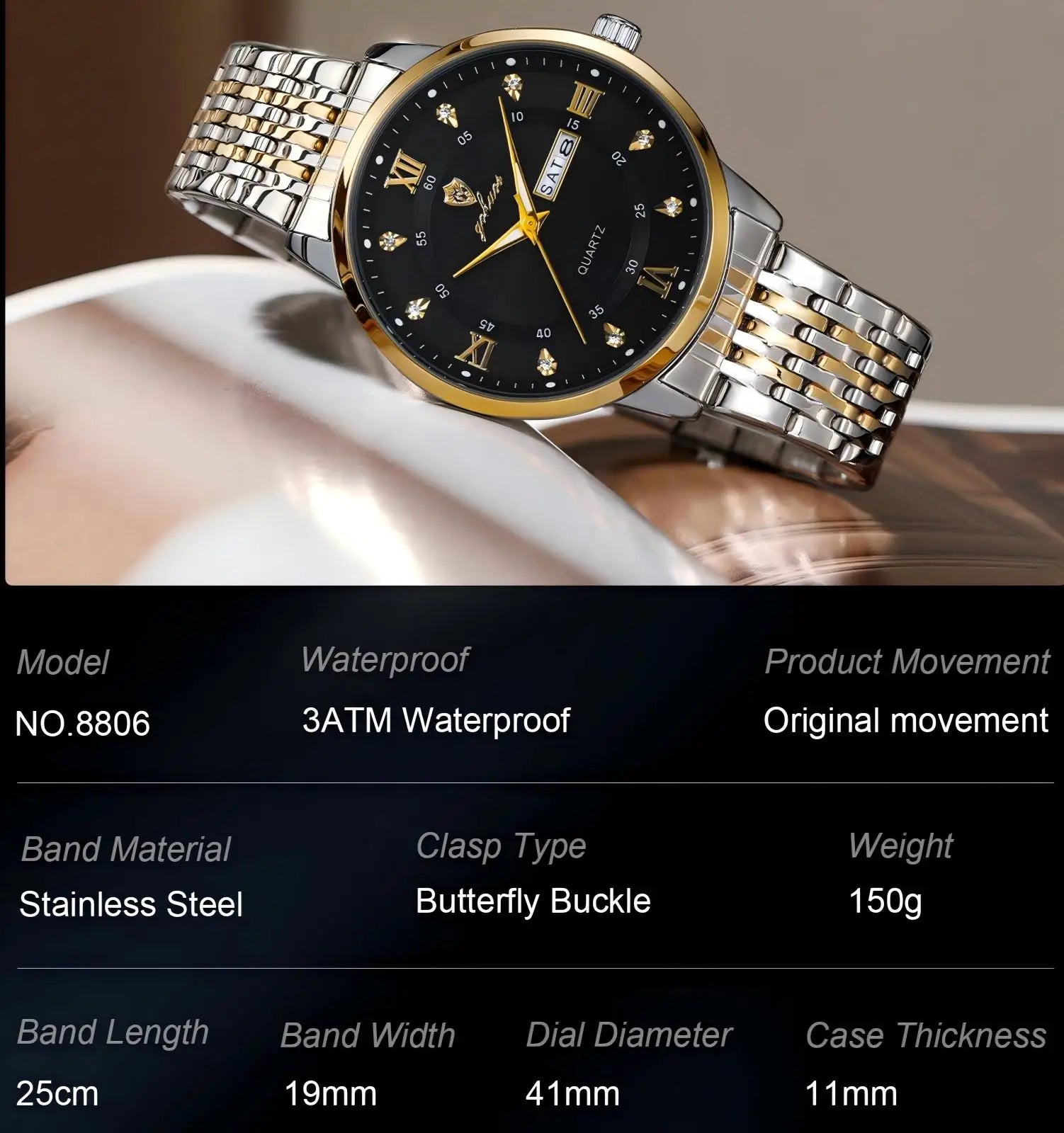 US Local Stock Gohuos 8806 Luxury Stainless Steel Quartz Watch for Men Business Style Waterproof Luminous Fashion Men's Watches