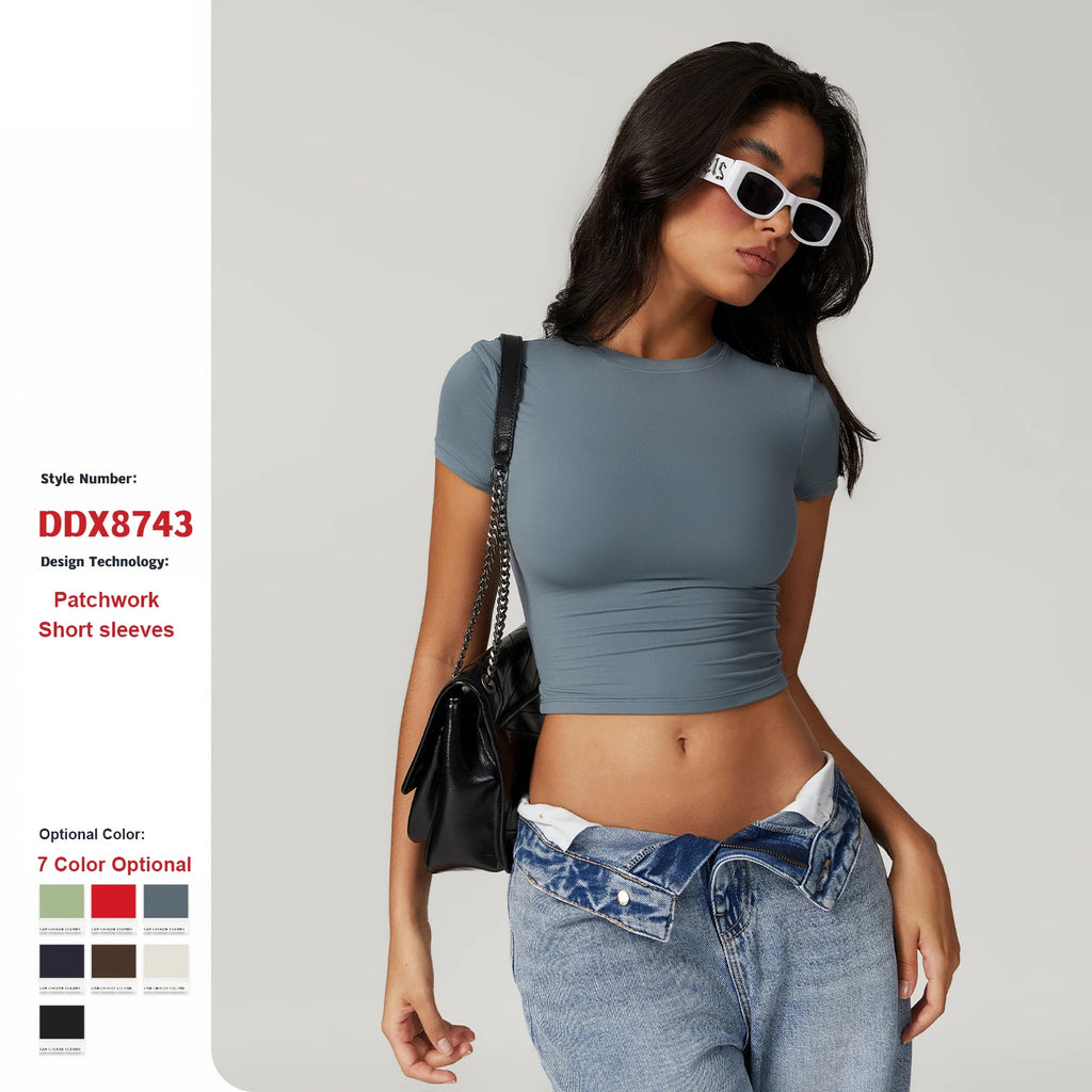 8743 All-Match Tight Quick Drying Fitness Workout Tops Running Pilates Yoga Clothes Sports T-Shirt Short Sleeve for Women