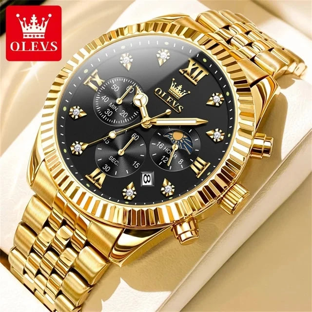 OLEVS 2932 Men's Fashion Full Gold Timing Second Display Auto Date Calendar 30M Life Waterproof Luminous Hands Watch Watches