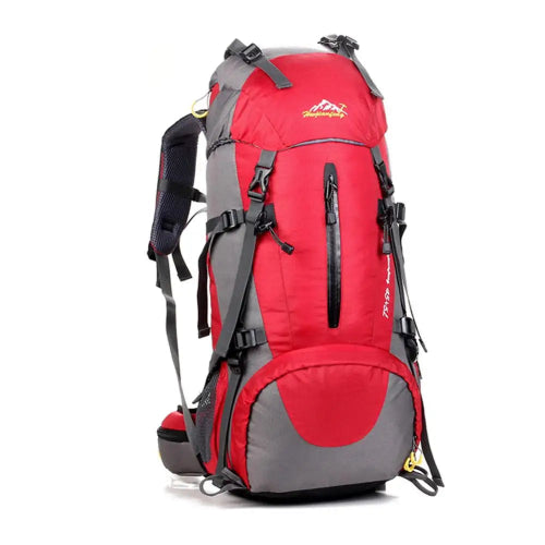 Red and gray backpack with visible brand logo on a white background